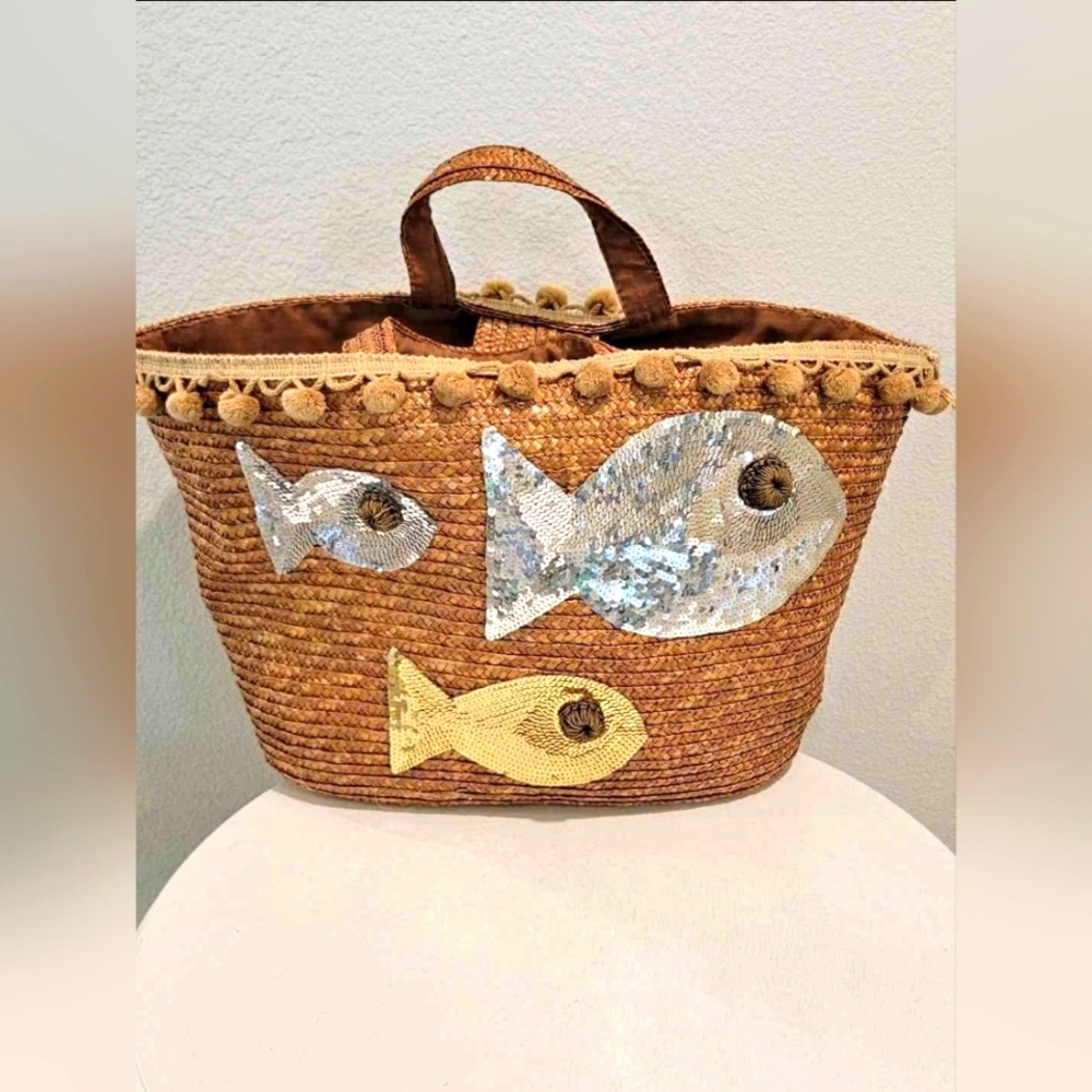 Felix Ray New York Designer Tan Straw Raffia Fish Tote Basket Purse Beach Bag